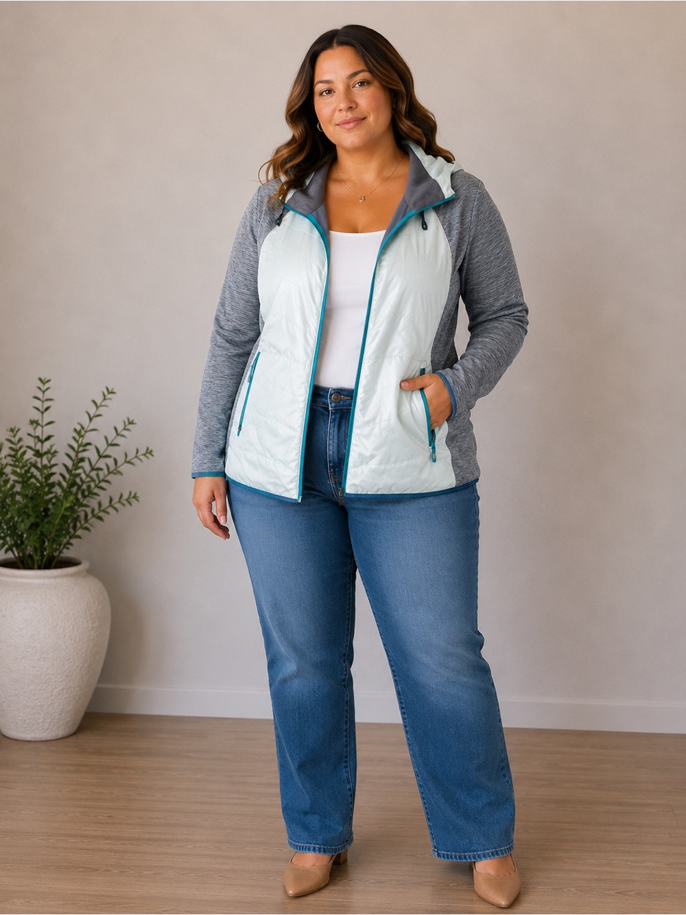 Title Nine Women’s Large Hybrid Hooded Running Jacket Gray Aqua Teal Full Zip